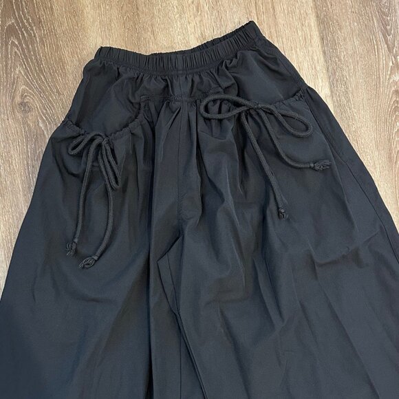 Women's Black Wide Leg High Waist Cropped Culotte Tie Pocket Boho Pants S - Picture 2 of 4
